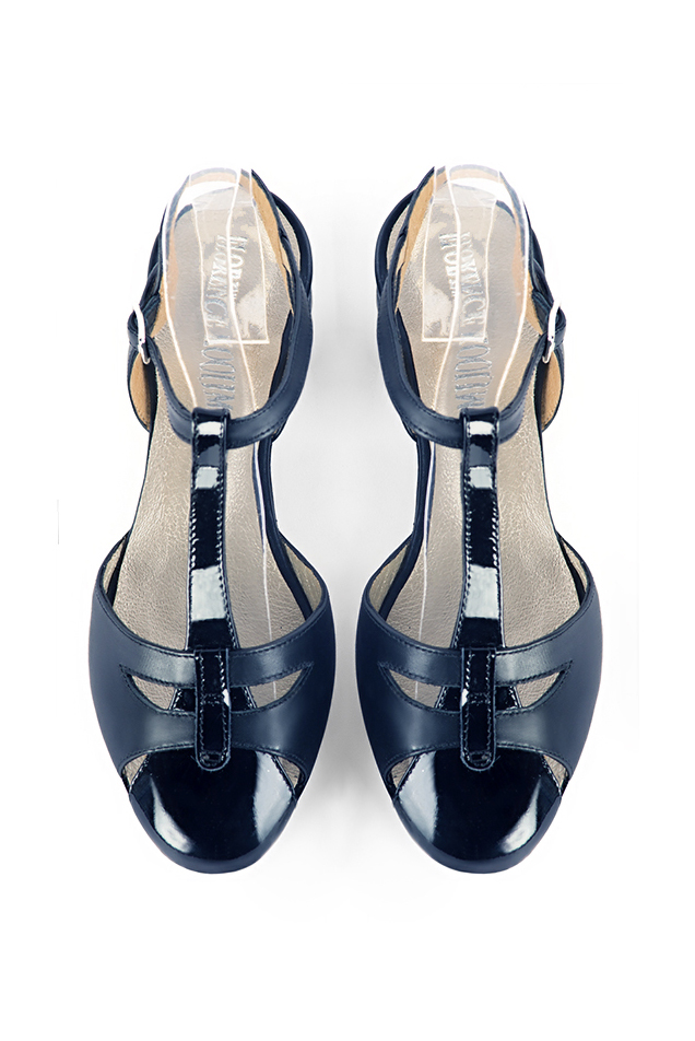 Women's navy blue open back T-strap dress shoes. Round toe. Thin leather soles - Top view